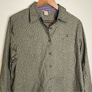 Duluth Trading Co Olive Green Purple Flowers Button Down Long Sleeve Size Large